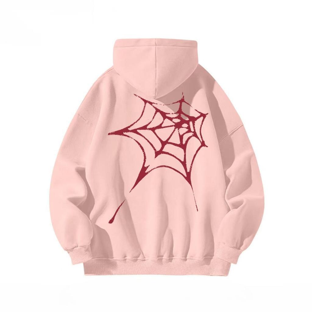 Мужская Женская Свободная Теплая Зимняя Модная Толстовка с Капюшоном с Принтом Красной Паутины на Спине