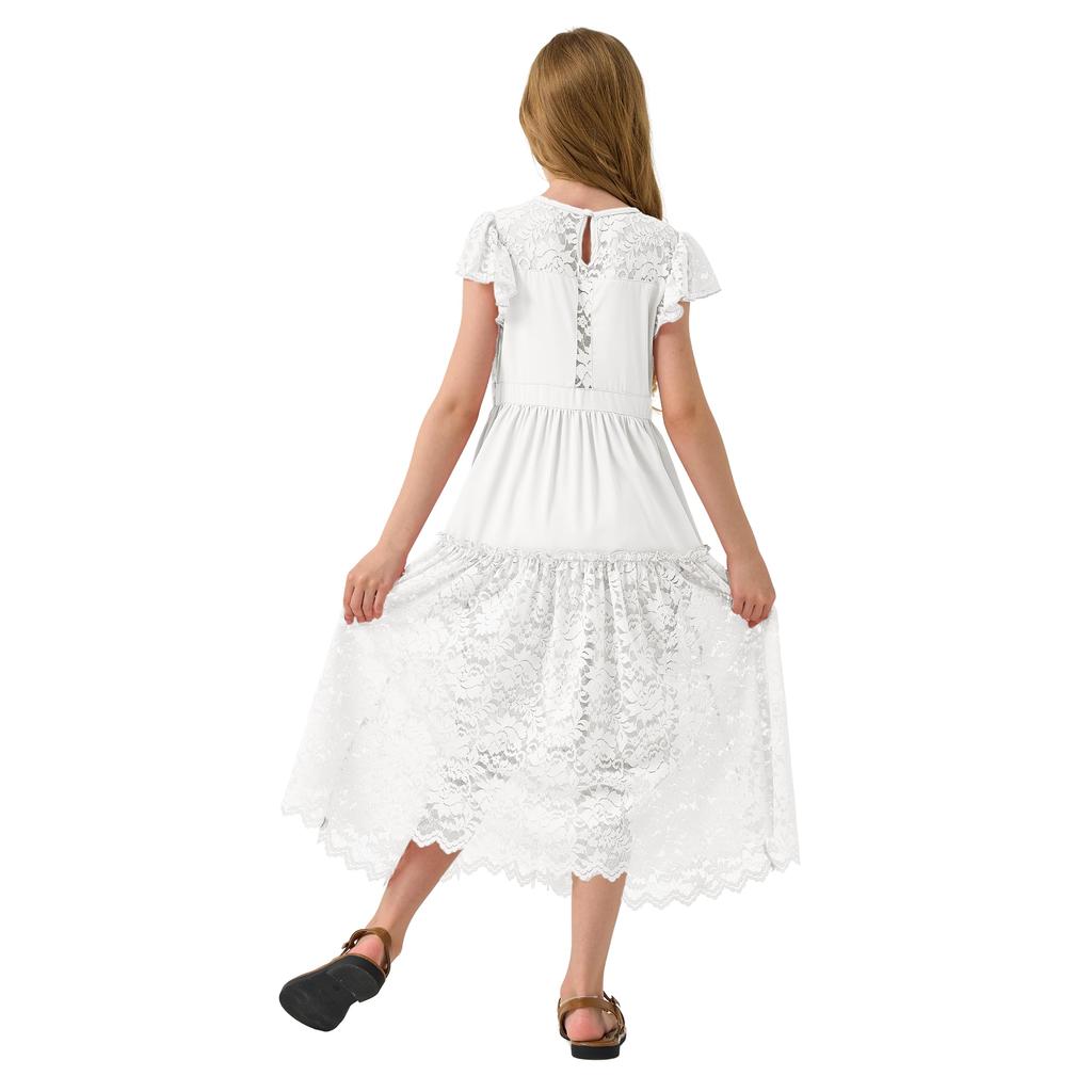 Rolanko Lace Ruffle Bohemian Perfect for Size 120 Kids' Dress, Girls' Dress, Parties, Weddings, Recitals, White,