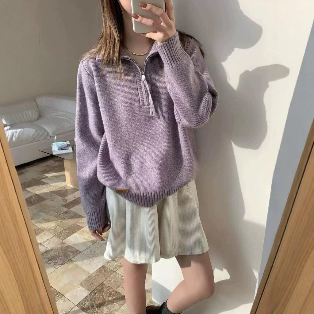 Autumn Winter Korean Style Loose Polo Collar Half-Zip Knit Pullover for Women