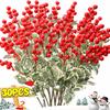 Articifial Red Berry Branch Christmas Flowers Holly Leaves DIY Wreath Fruit Branches for Xmas Tree Ornament Packaging Gift Craft