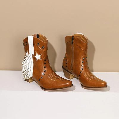 Бахрома Ковбойские Ботильоны для Вестерн Женщин Красно-Коричневые Искаженный Острый Носок Высокий Каблук Винтажные Ковбойские Заклепки Звезда Молния Короткие Ботинки