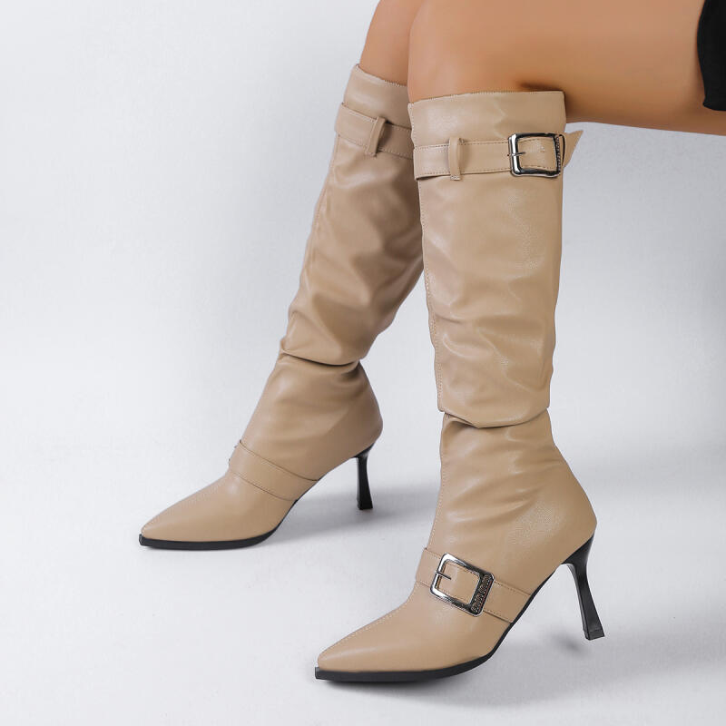 Мода Мода Металлическая Пряжка Декорация Длинные Сапоги для Женщин Однотонные Остроносые Осенние Сапоги до Колена Сексуальные Супер Высокий Каблук Вечерние Туфли