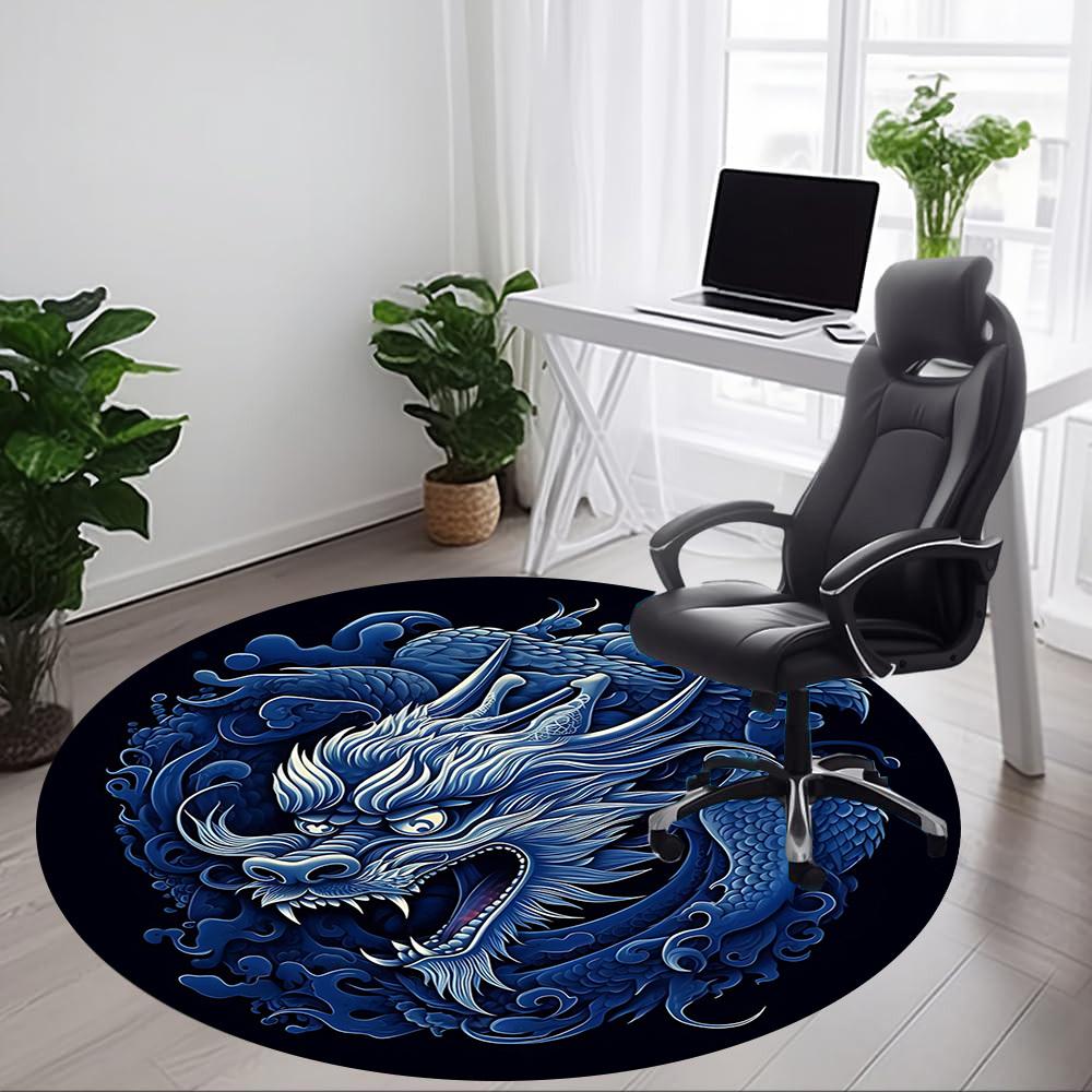 1pc Blue Dragon Design Chair Carpet for Office, Round Non Slip Durable Large Size Office Carpet, Suitable for Office