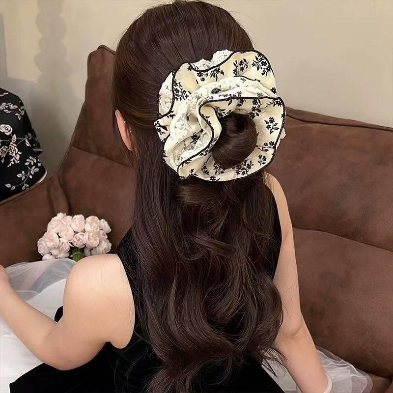 2025 New Black Floral XL Four-Layer Lace Scrunchie Hair Accessory