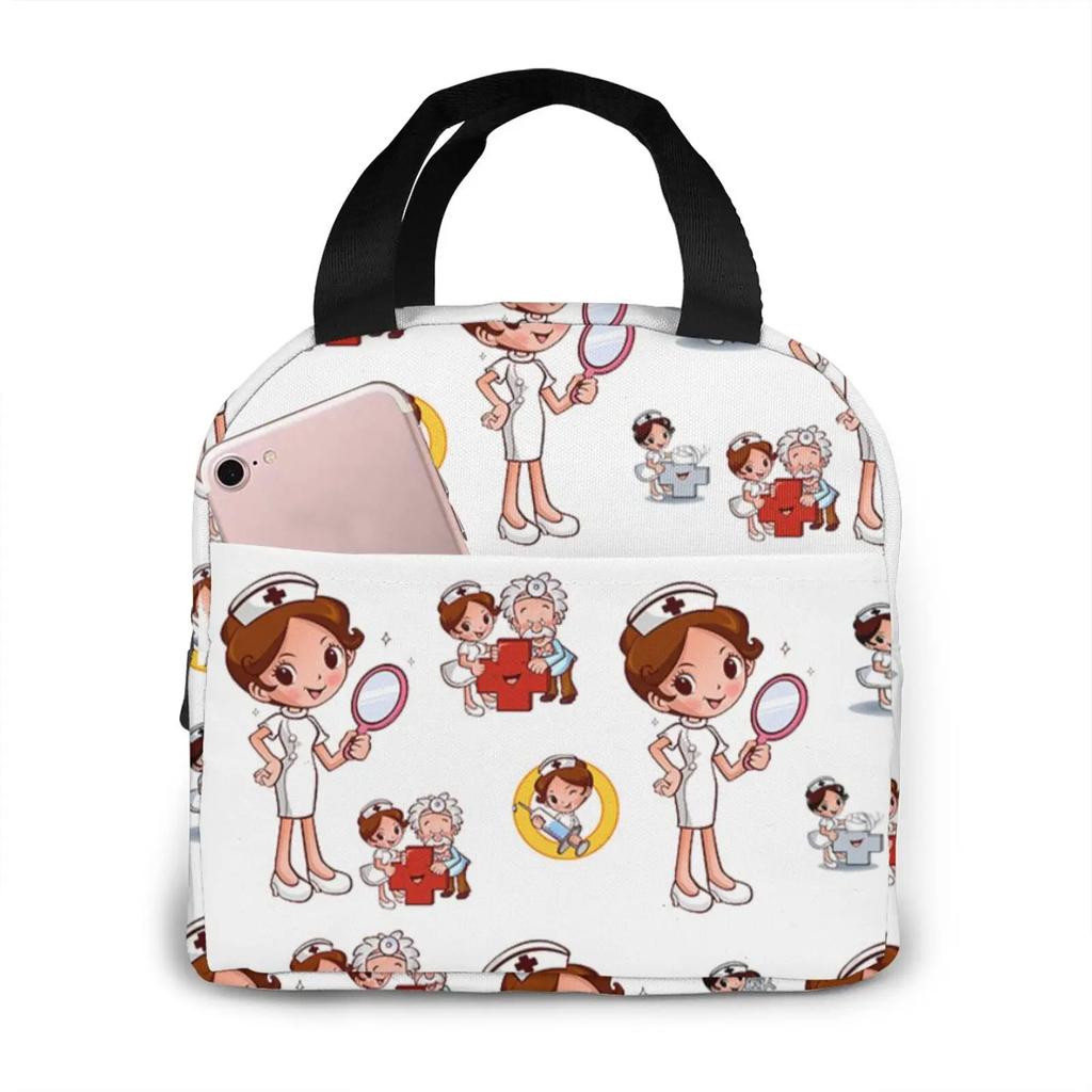 Travel Nurse Bag Insulated Lunch Bags Women Cartoon Nurse Print Food Case Cooler Warm Bento Box for Kids Lunch Box Picnic Bag