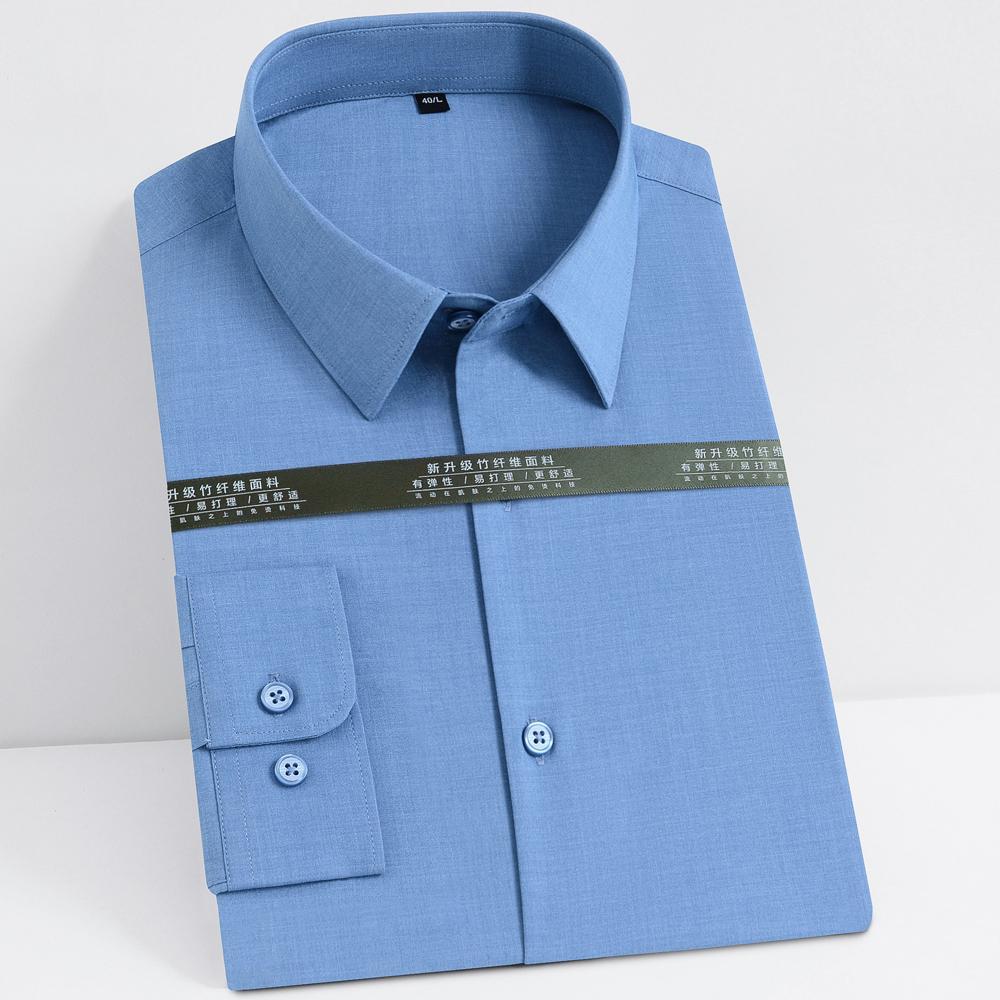 Мужская эластичная рубашка из бамбукового волокна классического кроя с длинным рукавом однотонная на пуговицах - Формальная одежда для зрелых мужчин - Идеально подходит для всех сезонов
