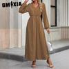 Women's Fashion Spring Autumn Solid Color Print V-Neck High Waist Casual Dresses
