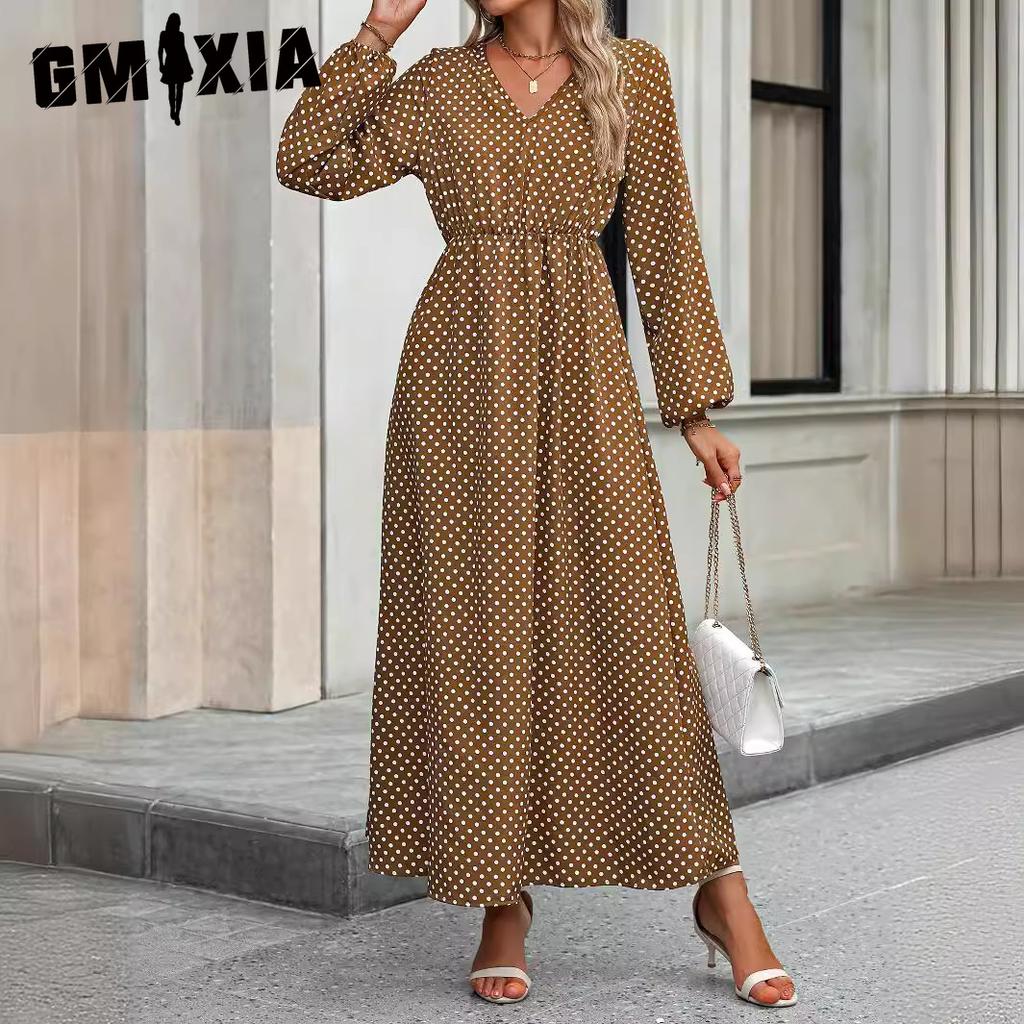 GMXIA Women's Fashion Spring Autumn Solid Color Print V-Neck High Waist Casual Dresses