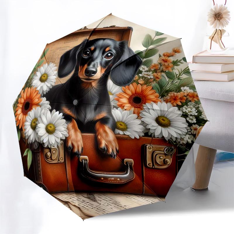1pc Dachshund in suitcase with flowers Umbrella with Plastic Handle,Suitable for All Seasons Home Travel Outdoor Umbrellaptys31047