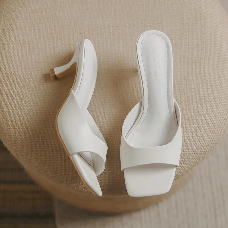 Fashion Bout carré talon haut été en cuir balle série sandales à talons aiguilles pantoufles pour femmes