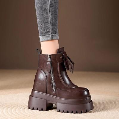 Модные кожаные ботильоны на платформе с квадратным носком и массивным каблуком для женщин Мода 2025 Y2k Новинка Осень Зима Женские короткие туфли