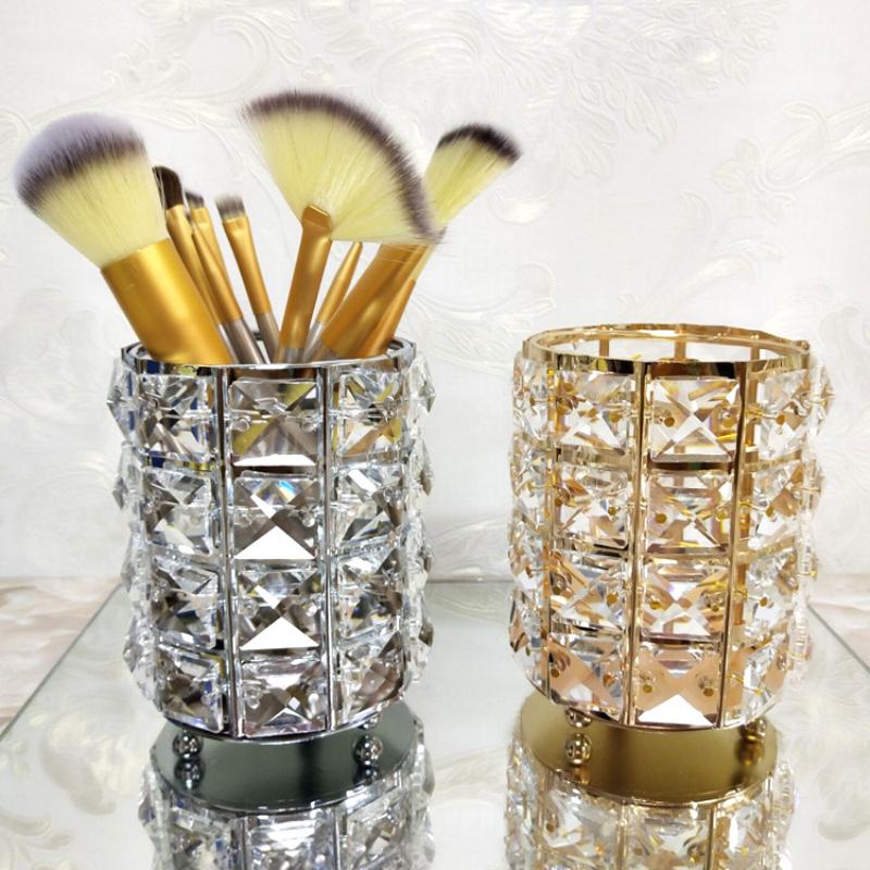 Silver/Gold Makeup Brush Holder Organizer Cosmetic Storage Box Brush Bucket Jewelry Box Pen Holder Desktop Finishing Crystal Ornaments
