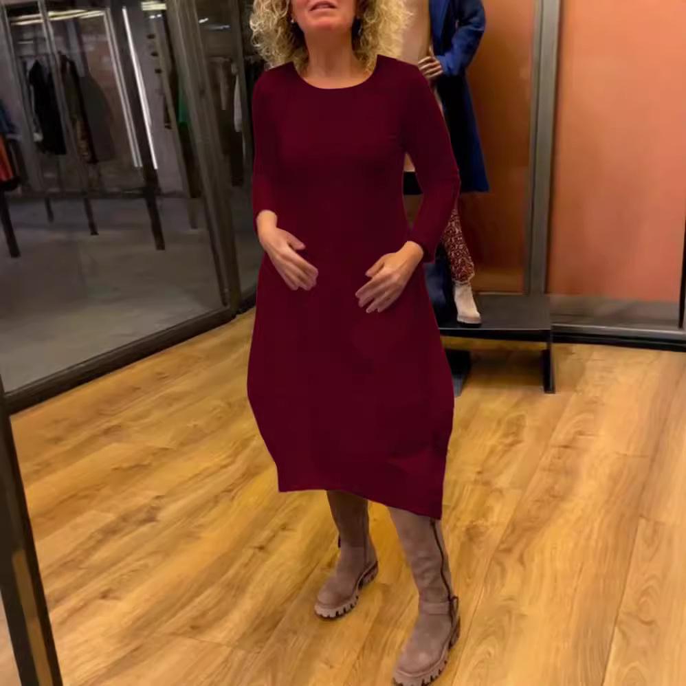 Осенне-зимнее однотонное повседневное платье с длинным рукавом и карманом, с круглым вырезом