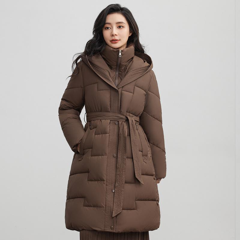 Women's cotton-padded clothes medium and long stand-up collar large brim hooded temperament slim-fitting belt cotton-padded clothes solid-color c