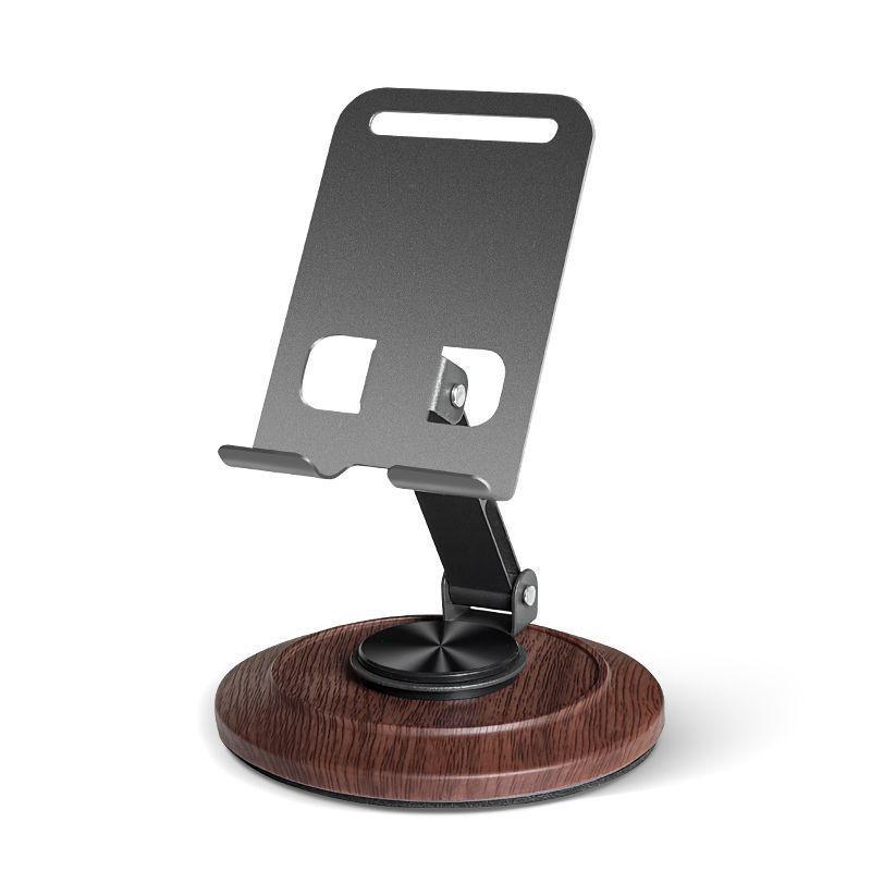 Walnut Wood Rotating Metal Phone Stand – Adjustable Desktop Holder for Streaming and Viewing