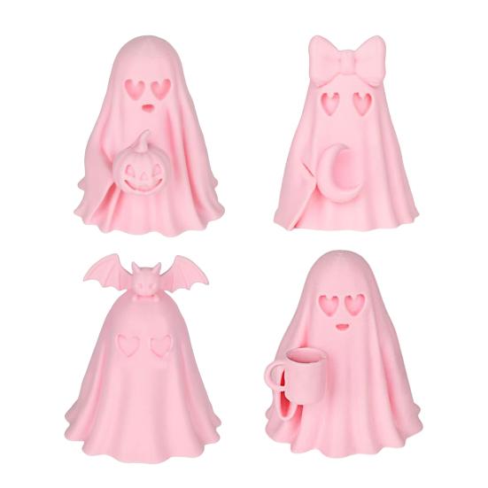 Halloween Ghost Figurine Cute Pink Ghost Holding Moon Statue Resin