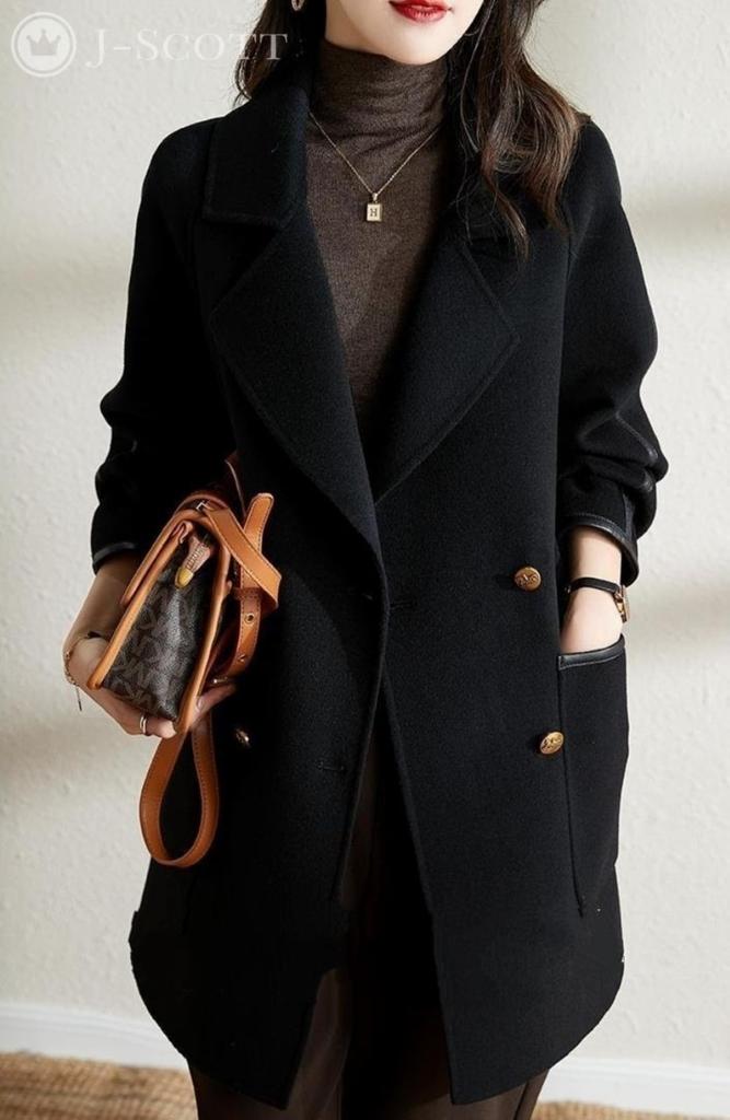 J-Scott Chesterfield Coat with Piping, Quilted Lining, Gold Buttons, Double-Breasted Cardigan, Black Collar, JS153-BK-2XL