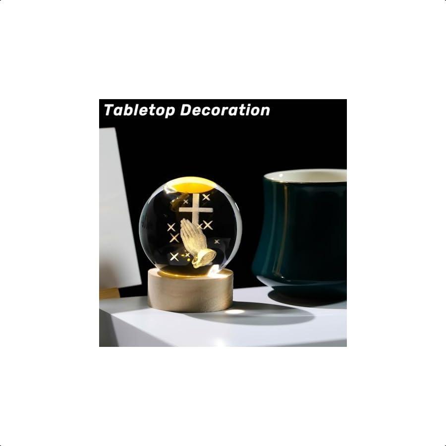 3D Хрустальный шар с крестом, фигурка с деревянной световой подставкой, лазерная гравировка молящихся рук, религиозные подарки для женщин, мужчин, христианский подарок