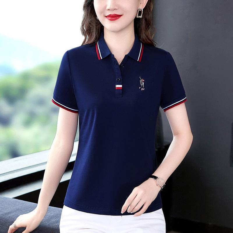 Новая летняя футболка-поло с лацканами для женщин, летняя свободная повседневная футболка с коротким рукавом для мам, большой размер