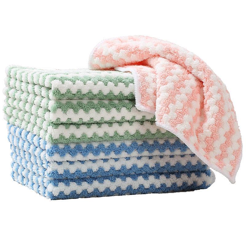 T Kitchen Absorbent Coral Fleece Dish Cloth: Thick, Non-Stick, Lock-Edge Stripes for Strong Cleaning.