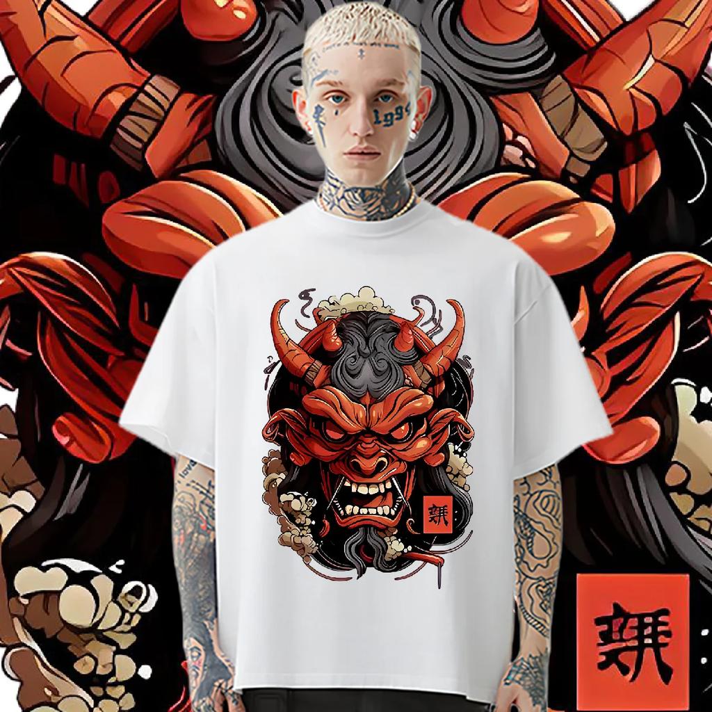Japanese Samurai Mask Tee Oversized Milk Fiber T-shirt Retro Men Tops  Shirt Streetwear Loose Tshirt