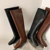 2025 осень и зима полностью кожаные низкий каблук широкое голенище высокие сапоги женские европейский и американский стиль кожа квадратный носок ленивый ветер рыцарские сапоги