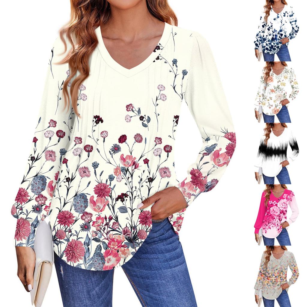 Women'S Puff Long Sleeve Shirts Pleated V Neck Fall Tunic Long Sleeve Printed Tops