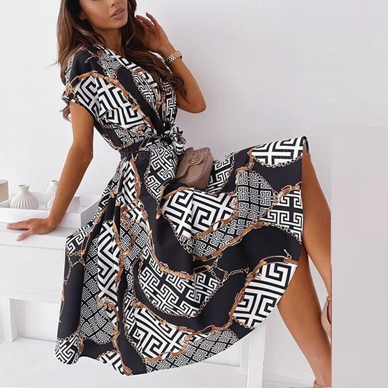 Summer Women Shirt Lace-Up Belt Dress V Neck Button Short Sleeve Party Dress Vintage Pattern Print A-Line Midi Dresses
