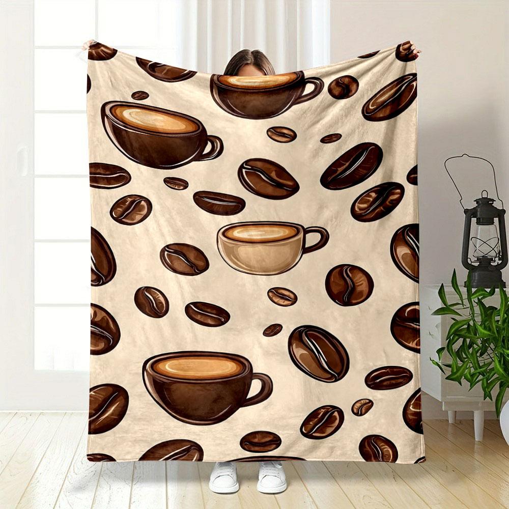 Coffee Cups and Beans Pattern Patterned blanket, flannel, suitable for all seasons, home decor, warm and cozy