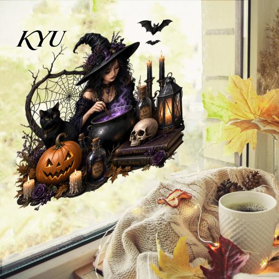 No Glue Window Art Halloween Witch/Black Cat Glass Stickers, Double-sided PVC Waterproof Clings, Removable Static Stickers Decals with Pumpkins Skulls