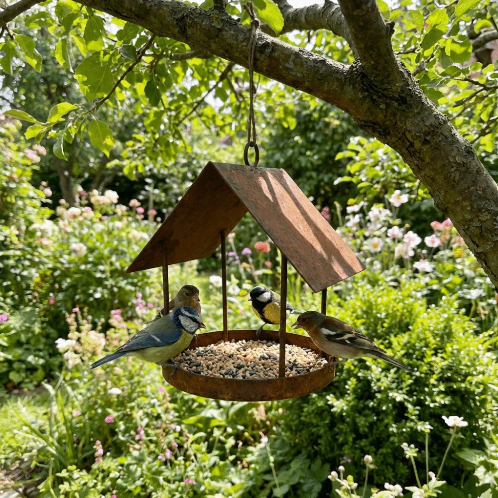 Iron Bird Feeding Station Rain-Resistant Bird Food Container Outdoor Garden Decor