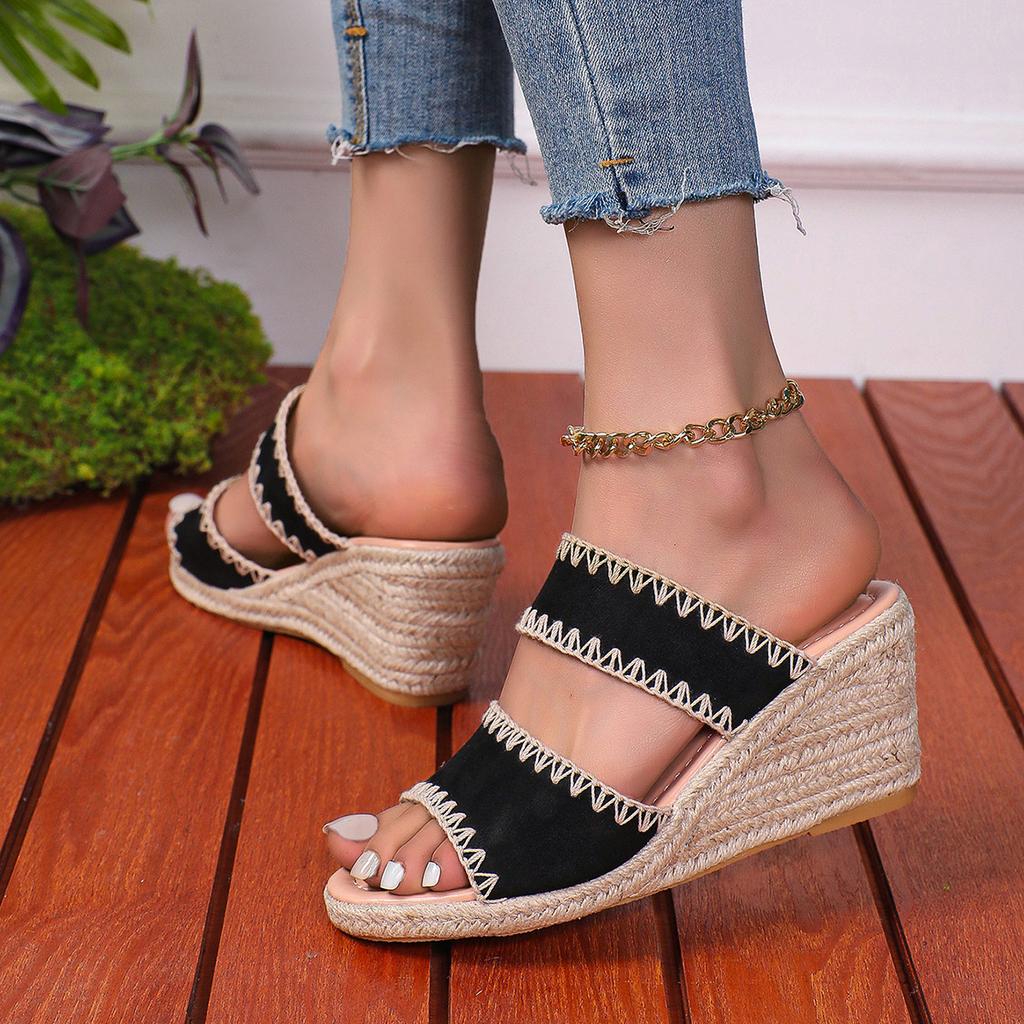 Большие женские туфли на танкетке из пеньковой веревки 2024 года, летний новый ретро-тренд, однорядные тапочки на толстой подошве