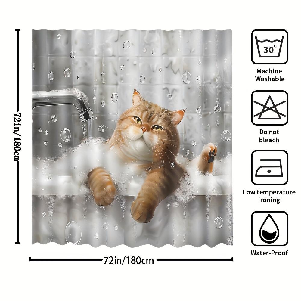 1Pc Shower Curtain - Adorable Orange Cat In A Bathtub With Bubbles And Water Drops Design Waterproof