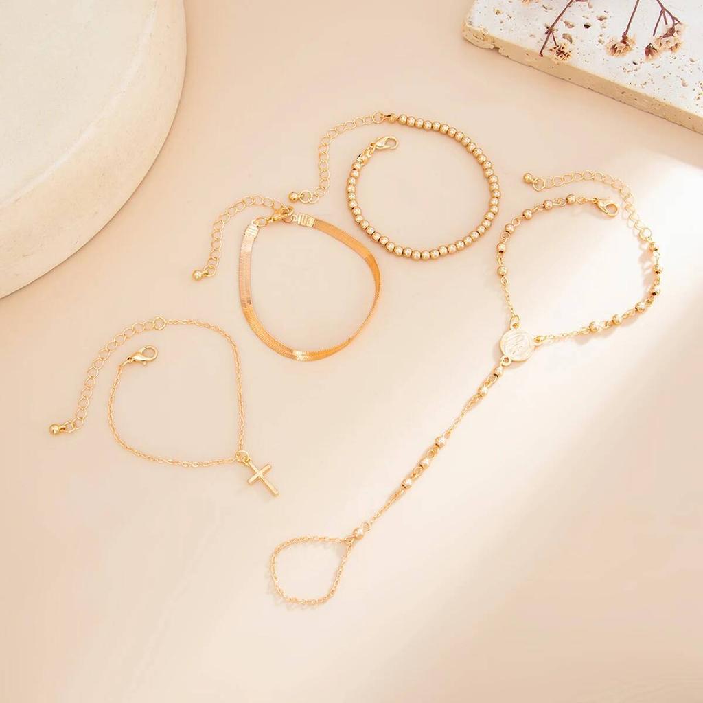 Salircon 4 Pcs/Set Vintage Gold Color Jesus Cross Pendant Bracelet for Women Creative Y-Shape Finger Chain Charm Bangles Jewelry