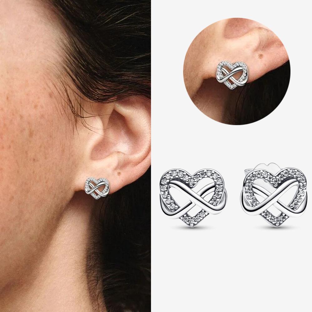 Authentic 925 Silver Cherry Blossom Bow Heart Hoop Stud Drop Earrings plata de ley Jewelry DIY Birthday Gift Original