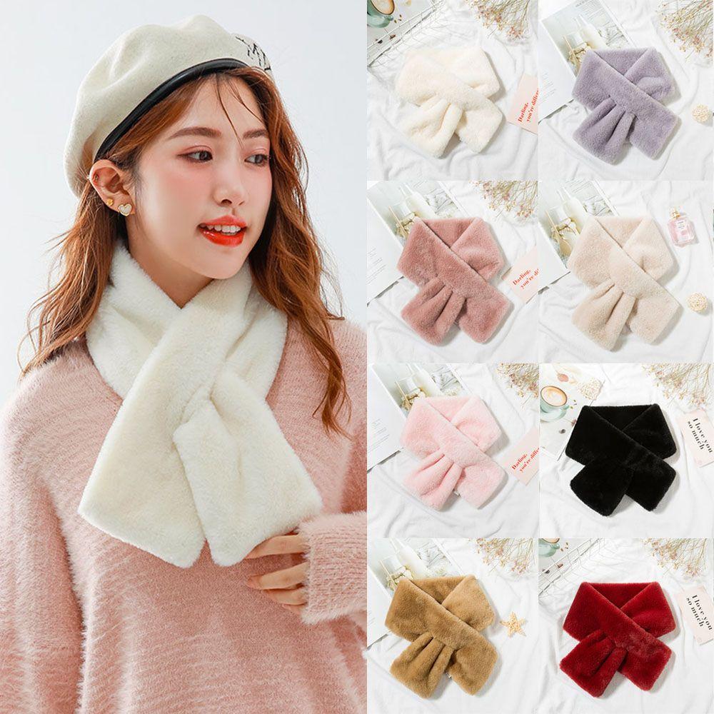 Elegant Winter Warm Faux Rabbit Fur Plush Neckerchief Wrap Neck Warmer Solid Color Cross Scarf