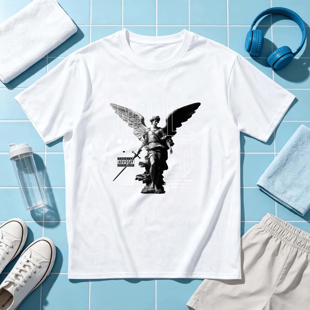 Angel Statue Holding Cash Streetwear Graphic Design Comfortable Stretch Casual Workout Shirt