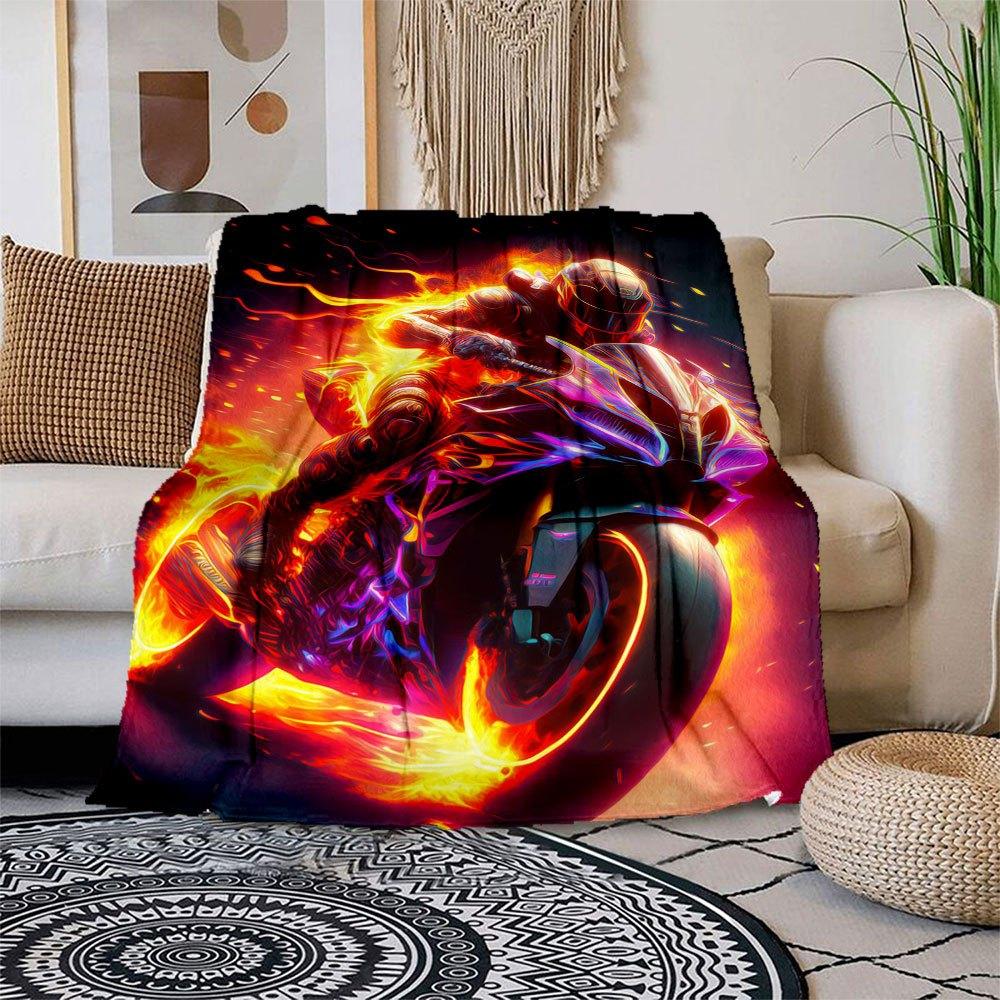 "Flaming Speed: Neon Motorcycle Art Print"Blanket Flannel Throw Blanket for Sofa, Bed, Travel, Camping, Office, Couch, Chair, And Bed Gift f