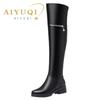 Fashion AIYUQI Women's Over Knee Boots Winter Fashion Middle Heel Fur Long Boots Women Genuine Leather Rider Boots Ladies