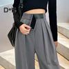 Women Suit Pants Straight Wide Leg Loose High Waist Solid Color Formal OL Commute Full Length Fasten Tape Adjustable Waist Lady Formal Trousers