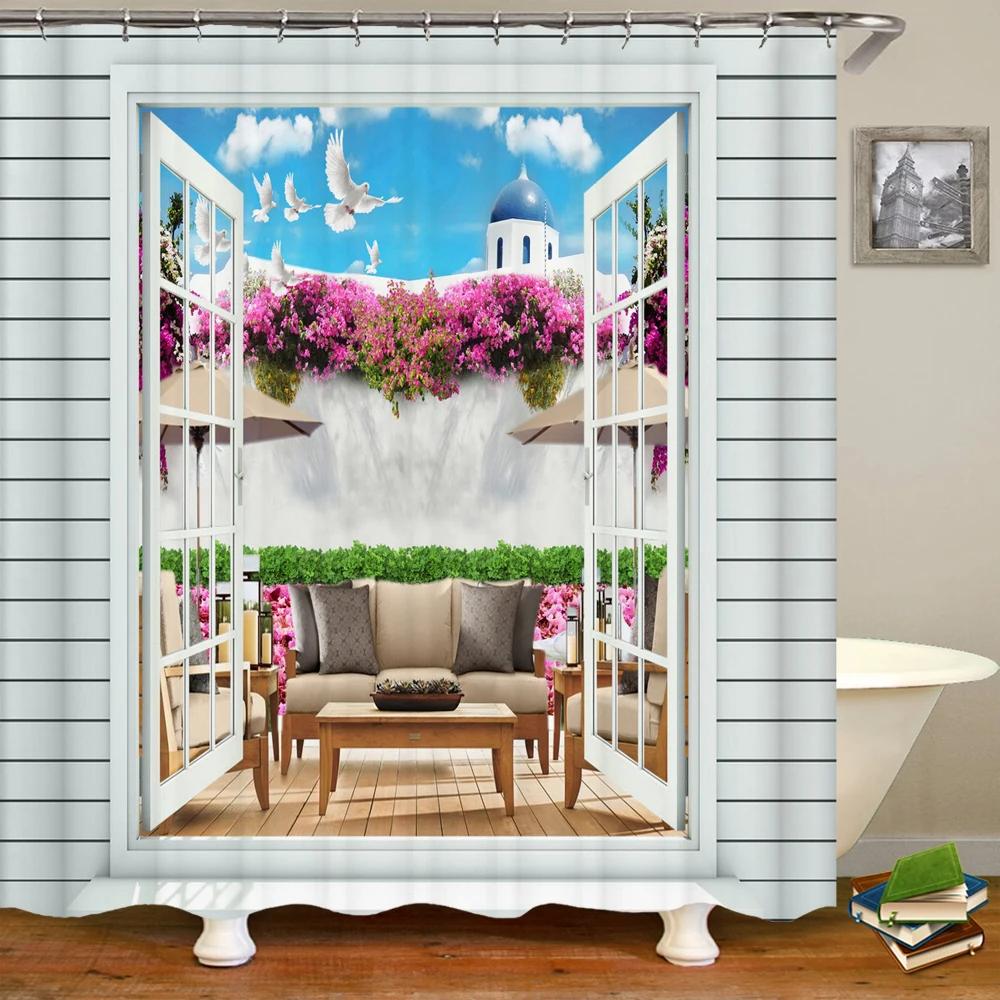 3D вид из окна, пейзаж, напечатанная шторка для душа, моющаяся занавеска для ванны, украшение для ванной комнаты с крючком