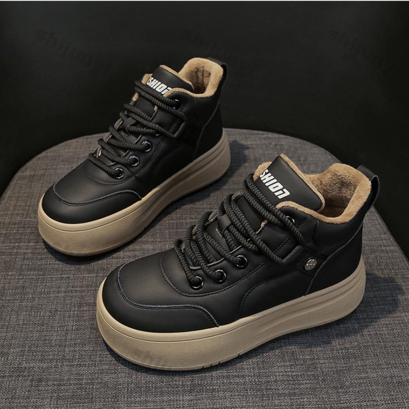 Fashion Women's High Top Vulcanized Shoes Autumn Winter Lace Up Soft Leather Plus Velvet Warm Cotton Shoes Thick Sole Leisure Sneakers