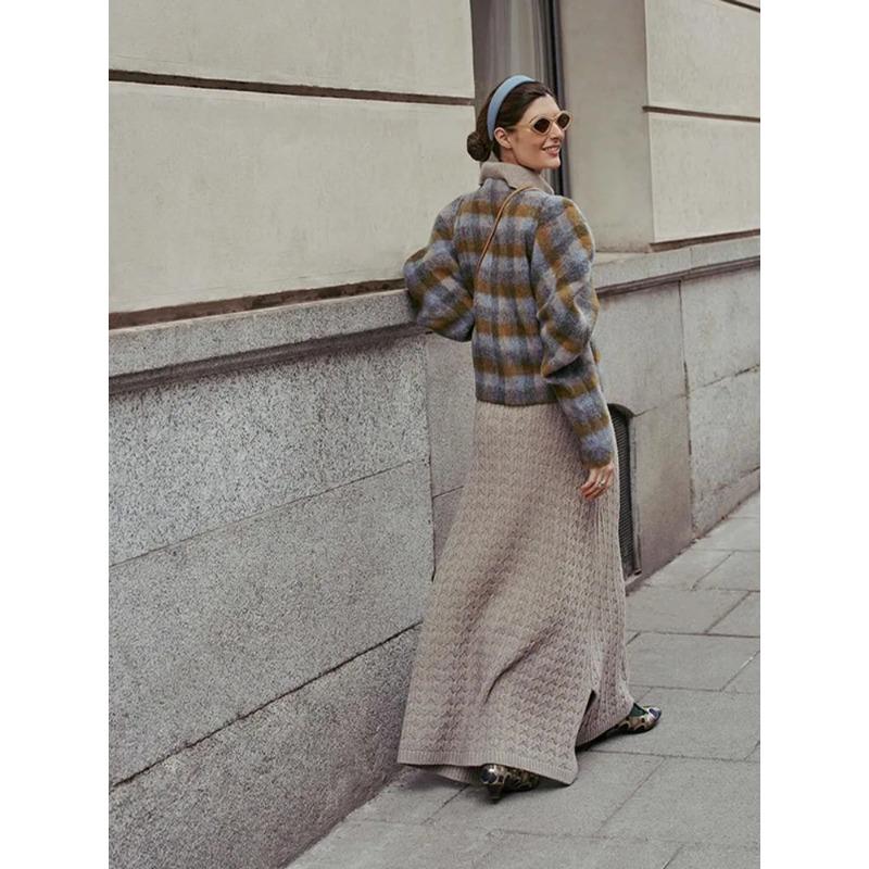 Women Vintage Plaids Double Breasted Woolen Coats Fashion O Neck Fluffy Long Sleeves Jacket Autumn Winter Chic Lady Warm Outwear