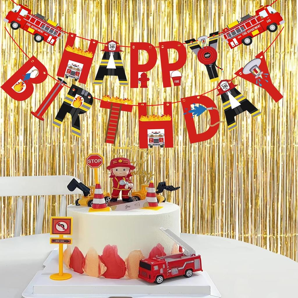 Pre-Strung Fire Truck Happy Birthday Banner Firemen Birthday Party Bunting Banner Flag for Adults Firefighter Party Sign Supplies Fire Engine Rescue