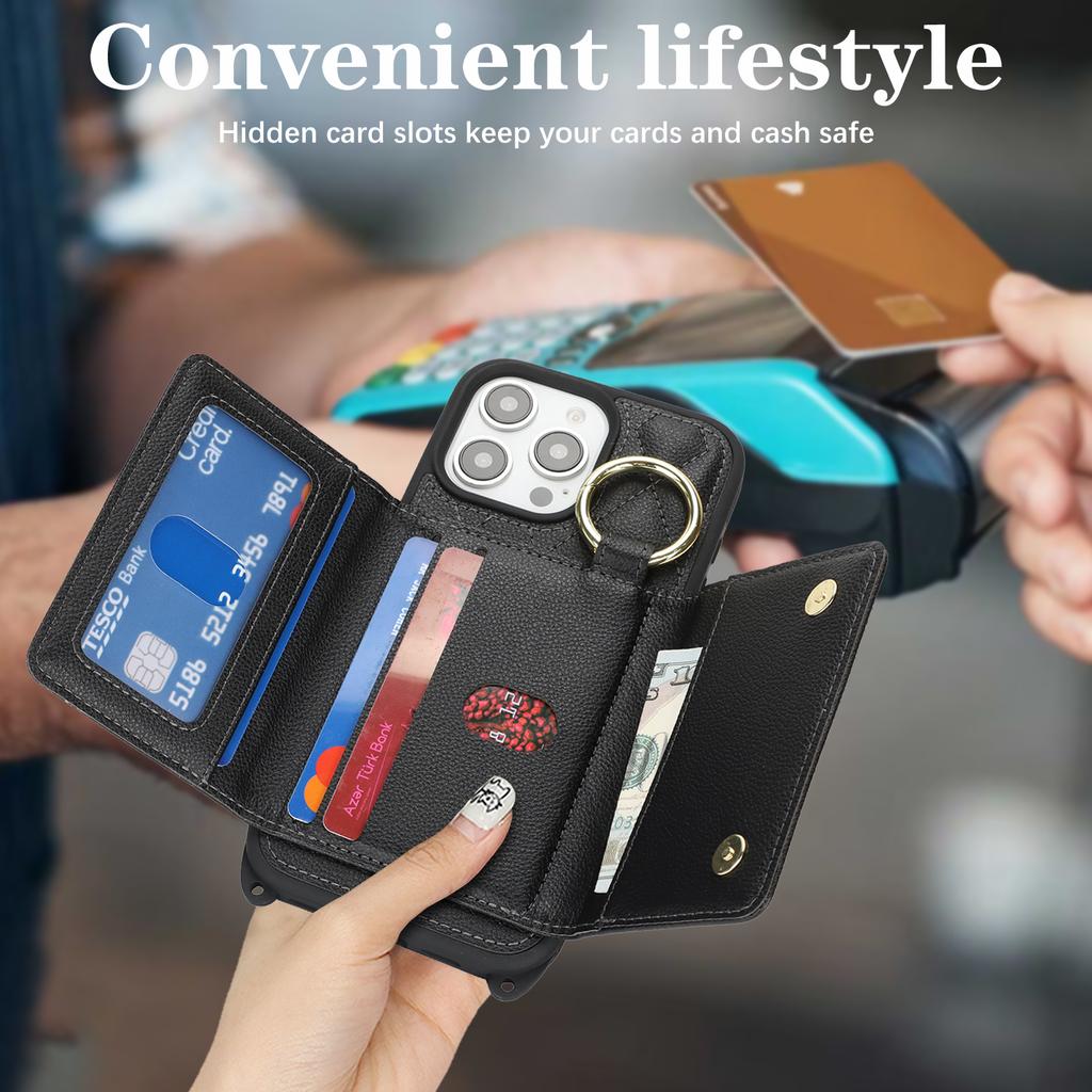 For iPhone 15 Pro Case with Lanyard/Mirror/Card Holder Grids Pattern RFID Blocking Phone Cover