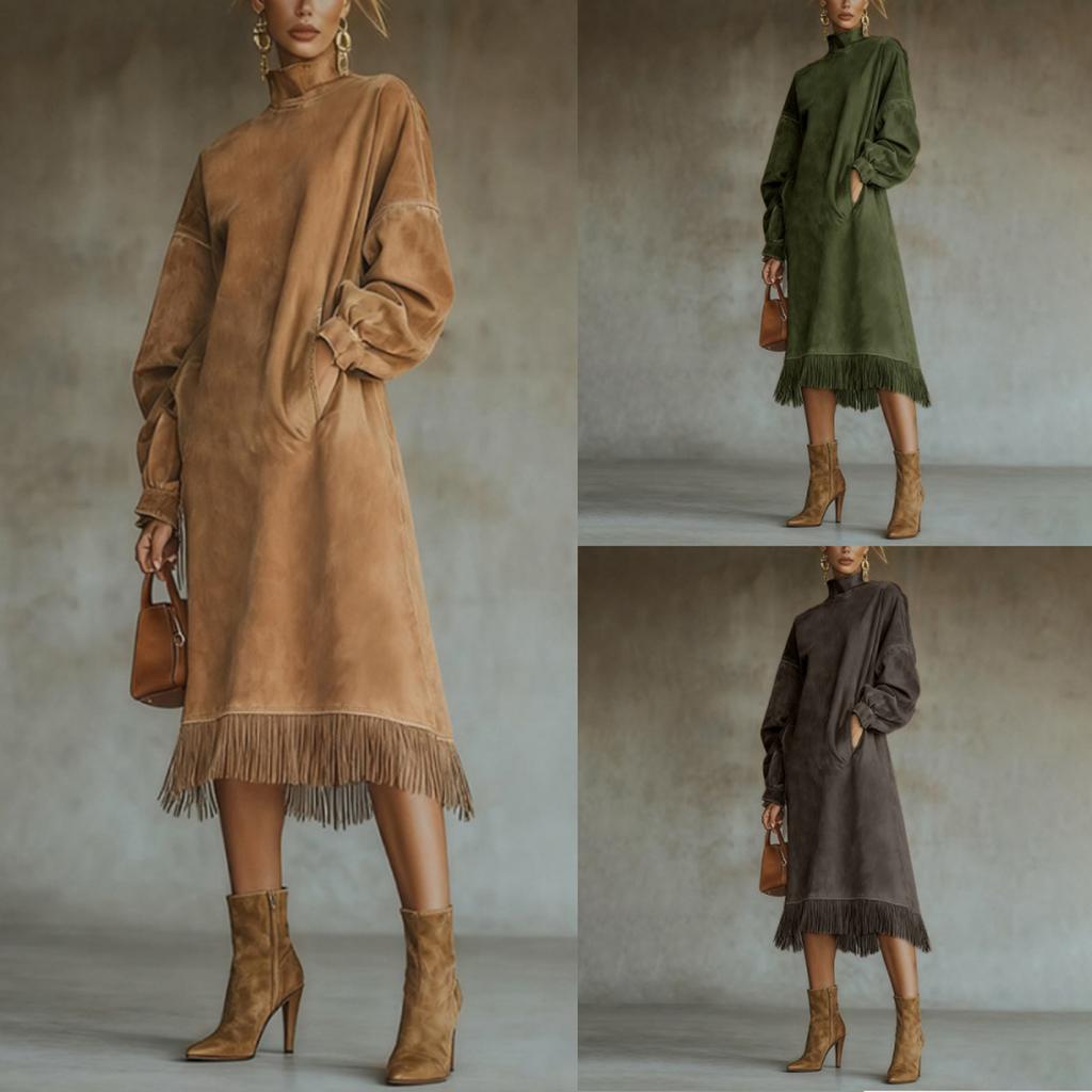 Женское повседневное ретро платье свободного кроя с высоким воротом, замшевым карманом и кисточками