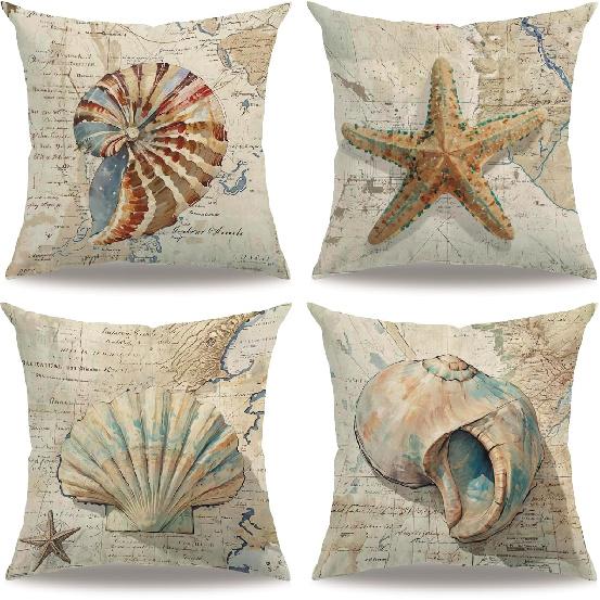 7COLORROOM Nautical Throw Pillow Covers 18 x 18 inches,Vintage Map Background Seashell Starfish Cushion Cases Beach Sea Style Design Home 4Pack