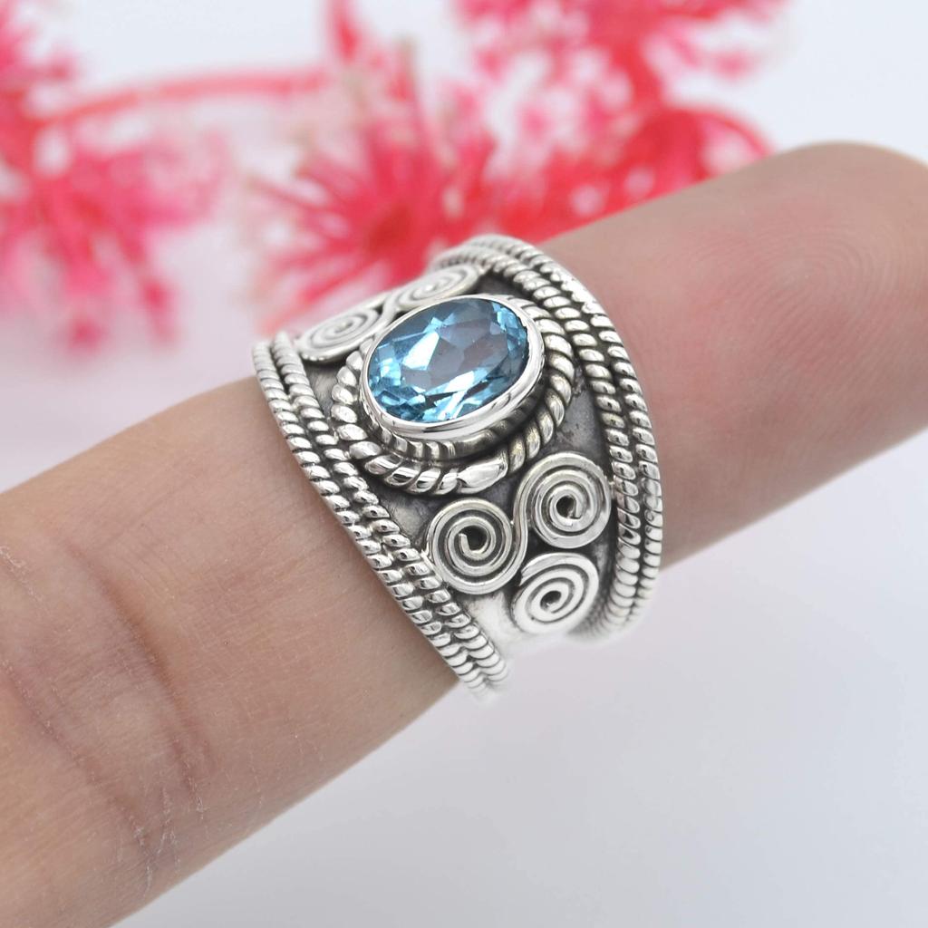 Кольцо с натуральным голубым топазом, полудрагоценное серебряное кольцо в стиле бохо, серебряное кольцо, кольцо из стерлингового серебра 925 пробы, старинное кольцо с небесным камнем (9,75)