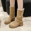 Мода Новая Мода На Открытом Воздухе Женские Ботильоны Квадратный Каблук 2024 Горячая Распродажа Однотонные Толстые с Двойной Пряжкой Круглый Носок Женская Обувь