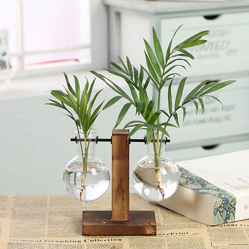 Creative Glass Bottle Vase with Wooden Stand - Hydroponic Display for Green Radish Plant, Transparent Desktop Ornament